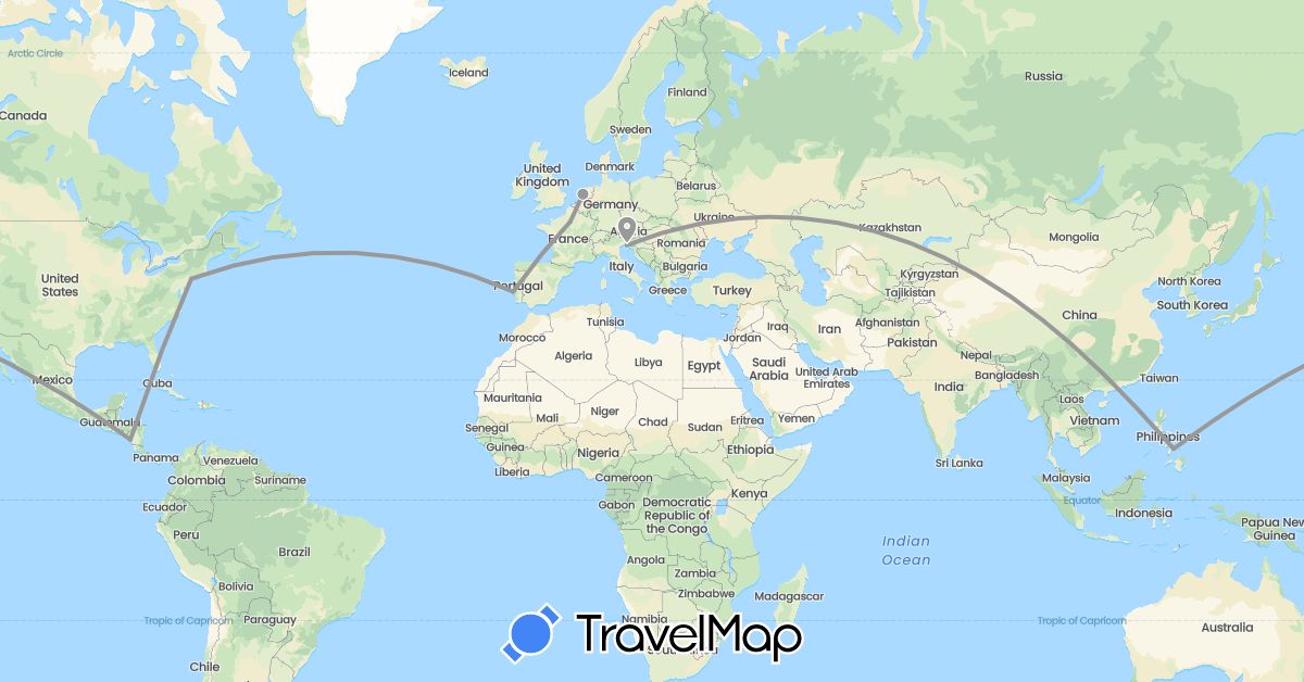 TravelMap itinerary: driving, plane in France, Italy, Nicaragua, Netherlands, Philippines, Portugal, United States (Asia, Europe, North America)